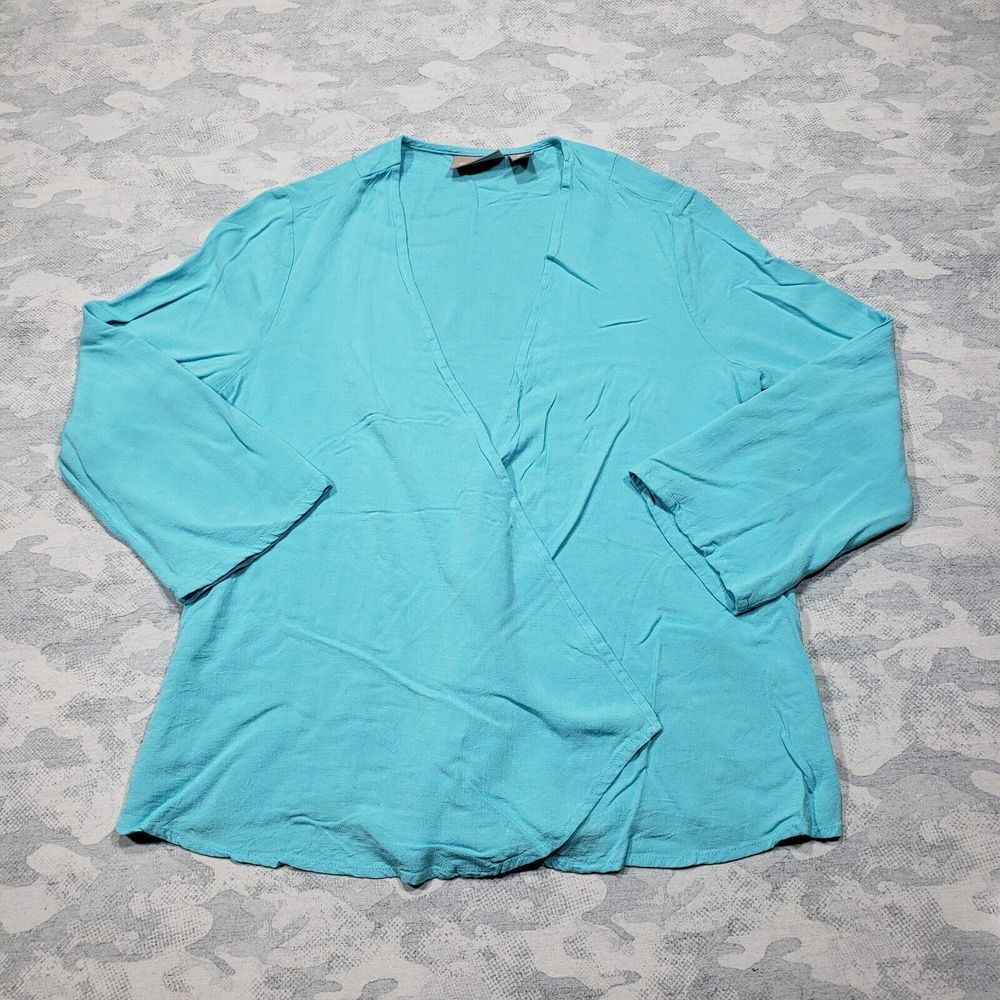 Chicos Top Womens 0 Blue 3/4 Roll Tab Sleeve Open Front Lightweight‎
